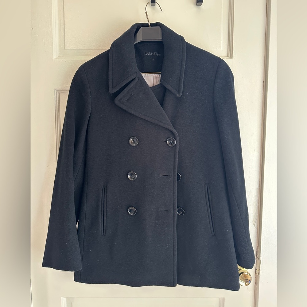 Calvin Klein Women's Elegant Black Peacoat - Size 6 - EUC Wool Nylon + Cashmere